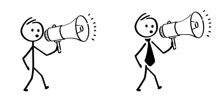 Cartoon megaphone, microphone to speak message symbol or logo. loudspeaker, microfoon line pictogram. Horn, announcing for atention talk. Megaphone amplifier. Drawing talking news or for protest. 