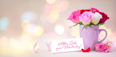 Mug with a heart, bouquet of roses and a tag with a text Happy Mothers Day