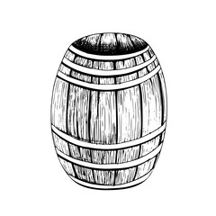 Wooden barrel. Isolated object drawn by hand in graphic technique. Vector illustration for summer, nautical, fishing and beach decoration and design.