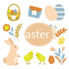 set of easter elements and Easter seamless pattern with rabbits and bunny free vector