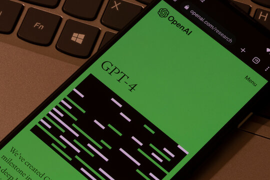 Portland, OR, USA - Mar 15, 2023: Webpage of OpenAI's GPT-4 is seen on a smartphone. GPT-4 is a multimodal large language model created by OpenAI, the fourth in the GPT series, released on March 14.