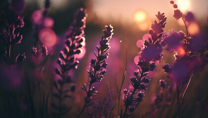 Lavender field at sunset, Close up, Generative AI
