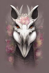 watercolor drawing portrait of a dragon with flowers, fantasy, art illustration. generative AI