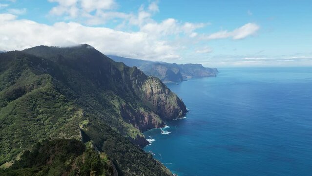 Madeira. Boca do Risco Aerial View. Steep Cliffs over the Atlantic Ocean. Madeira Island, Portugal.