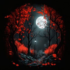 spooky Halloween background with bats and red leaves