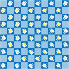 Abstract seamless pattern with daisy. retro checkered blue background. vector texture for print.