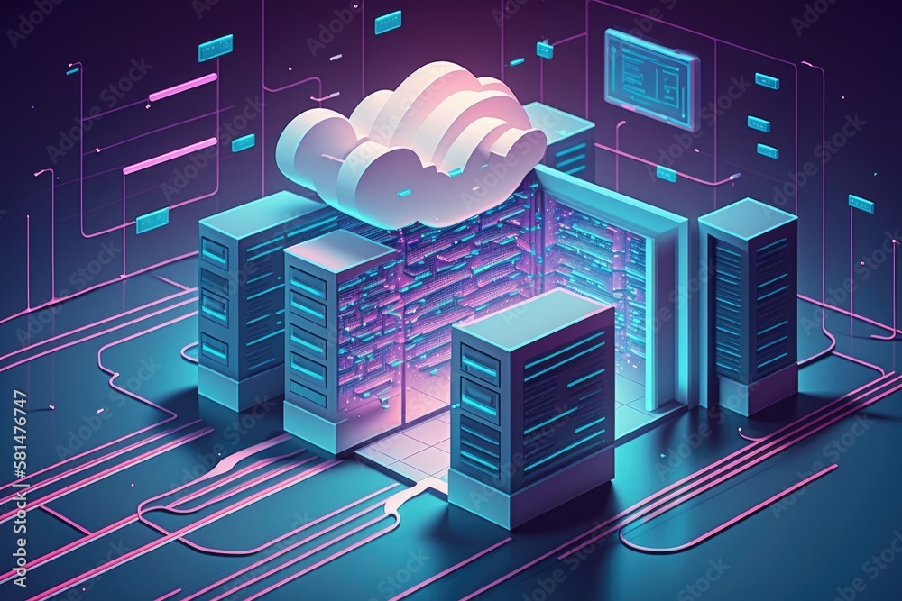 Poster image of a server room with forms and data processing. an illustration of servers and the cloud comp