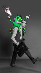 Contemporary art collage. Black and white image of businessman walking to work with colorful cartoon style character on shoulder. Concept of surrealism, inner world, imagination and creativity