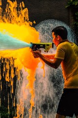 Fight Fire with Fun: An Abstract Depiction of a Man Battling Flames with a Water Gun. Generative Ai.