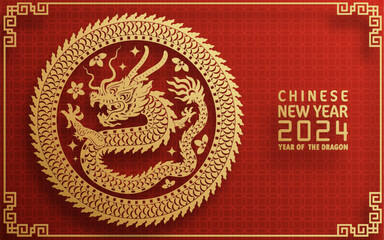 Happy chinese new year 2024 year of the chinese dragon zodiac with on color Background. ( Translation : happy new year, chinese dragon )