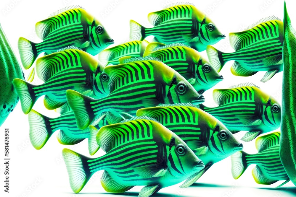 Wall mural school of exotic striped green fish tropical fish isolated on white background, created with generative ai