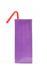 Purple carton box with red plastic straw. Rectangular paper juice pack 