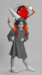 Contemporary art collage. Conceptual design. Black and white image of little girl, child with colorful cartoon monster on shoulders. Concept of surrealism, fantasy, childhood, imagination