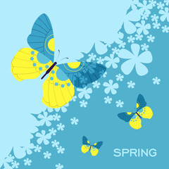Yellow and blue butterflies vector illustration. Spring postcard or poster design with flowers on blue background. Spring, nature, rebirth, freedom, positivity concept