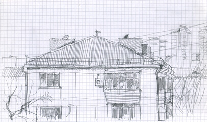 Sketch of a residential building. Drawing in a notebook.