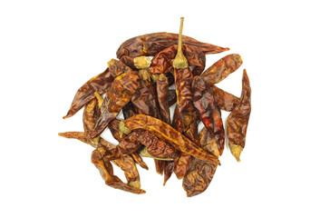 Group of small dry chili peppers isolated on white background