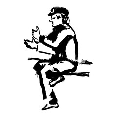 Sketched Person. Hand Drawn Illustration Of A Sitting Old Man