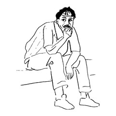 Sketched Person. Hand Drawn Illustration Of A Sitting Grown Man With Mustache