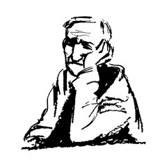 Sketched Person. Hand Drawn Illustration Of A Sitting Old Man
