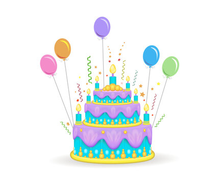Children's birthday cake with icing and candles.
Vector illustration of a 3d icon. Birthday cake, icon.