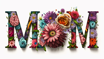 Mother's day - illustration of mom text made with flowers, Generative ai