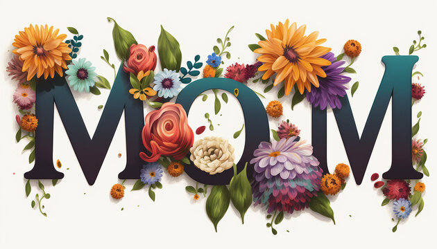 Mother's day - illustration of mom text made with flowers, Generative ai