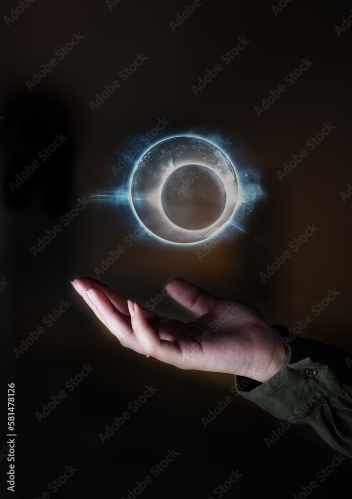 Poster Hand, world and hologram overlay with an interface of ai or 3d technology to access the metaverse for global networking. Globe, software or holographic with a person using a ux interface or dashboard