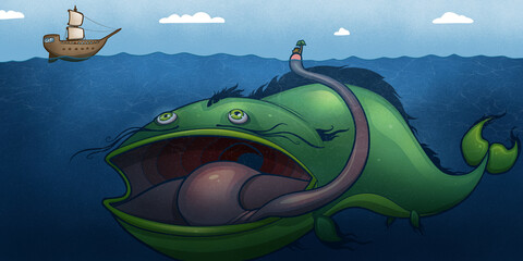 Seas Monster Luring in a Ship Cartoon Illustration