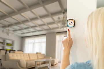 Smart home banner. IoT House automation domotics panoramic. Technology thermostat device with app...