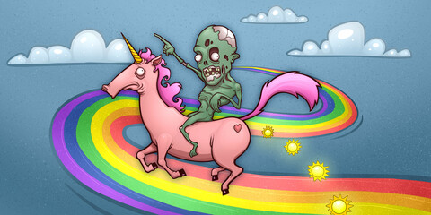 Zombie Riding a Unicorn that is Pooping Sunshine Over a Rainbow Cartoon Illustration