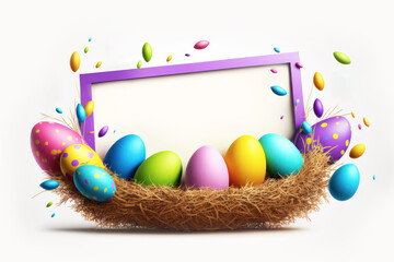 Festive Easter frame with realistic 3d Easter colored eggs in nest. Easter greeting card created with AI generative technology.