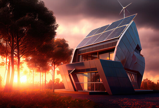 futuristic self-sufficient house with photovoltaic solar panels. Sustainable and Renewable energy concept. generative ai