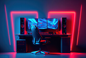 gamer work space and professional gaming setup: mouse, keyboard, monitor, headset, powerful computer. Premium PC with RGB light inside. Cyber sportsman empty studio with streaming setup. Generative Ai