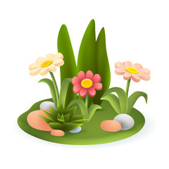 Fototapeta na wymiar Cute flowers and succulent in garden or meadow 3D illustration. Cartoon drawing of plants and stones on green grass in 3D style on white background. Nature, spring, botany, environment concept