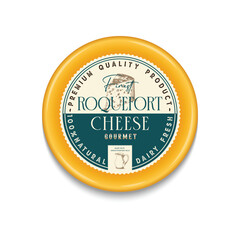 Vector Roquefort Cheese round labels and packaging design template, cheese detailed icons. Dairy product illustration for dairies, package and groceries branding.