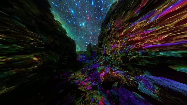 Abstract dreamscape gem studded canyon under supernova stars