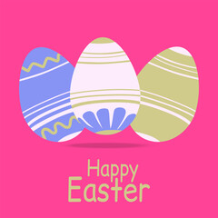 Easter poster and banner template with Easter eggs. Greetings and presents for Easter Day in flat lay styling on red. Promotion and shopping template for Happy Easter. Greeting card. Spring holiday