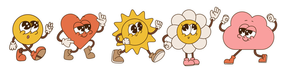 Set of retro cartoon stickers with abstract comic characters with gloved hands. Modern illustration with cute comic mascots. Hand drawn circle, heart, sun, flower and cloud. Vector illustration. © LanaSham