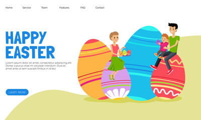 Easter poster and banner template with family on Easter eggs. Greetings and presents for Easter Day in flat lay styling. Promotion and shopping template for Happy Easter. Greeting card. Spring holiday