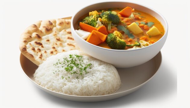 A bowl of vegetable curry with rice and naan on White Background with copy space for your text created with generative AI technology