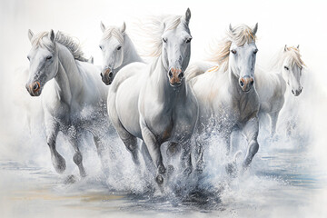 Fototapeta na wymiar Watercolour abstract animal horse painting of white horses running through river stream water which could be used as a poster or flyer, computer Generative AI stock illustration image