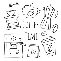 Set of coffee in doodle style. Linear collection of elements for making coffee. Vector illustration. Coffee time. Coffee grinder, maker, machine, beans,cup.
