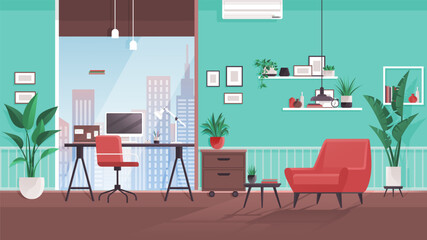 Interior design living room. Furniture in regular home with no people. Plants, chair, chest of drawers, shelf on wall and interior elements. Armchair red fabric. Hanging lamp, window on green wall