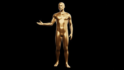 Beautiful young metallic gold man posing, isolated on black background. 3d illustration (rendering). Golden mannequin, android.
