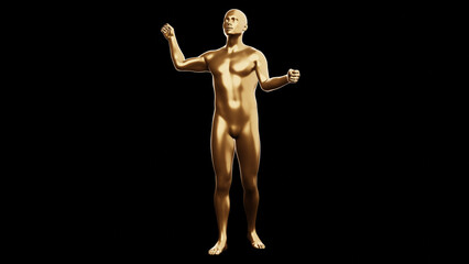 Beautiful young metallic gold man posing, isolated on black background. 3d illustration (rendering). Golden mannequin, android.