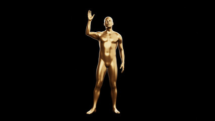 Beautiful young metallic gold man posing, isolated on black background. 3d illustration (rendering). Golden mannequin, android.