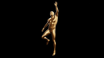 Beautiful young metallic gold man posing, isolated on black background. 3d illustration (rendering). Golden mannequin, android.