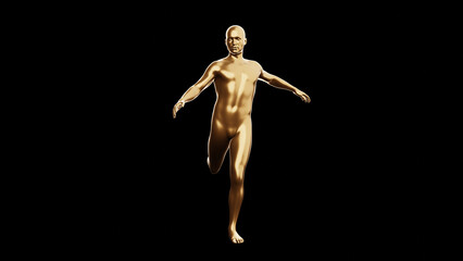 Beautiful young metallic gold man posing, isolated on black background. 3d illustration (rendering). Golden mannequin, android.