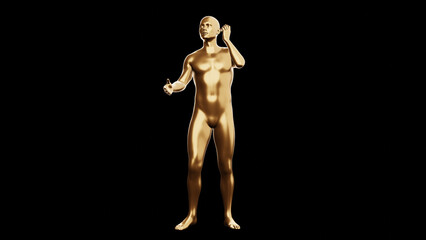 Beautiful young metallic gold man posing, isolated on black background. 3d illustration (rendering). Golden mannequin, android.