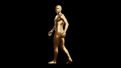 Beautiful young metallic gold man posing, isolated on black background. 3d illustration (rendering). Golden mannequin, android.